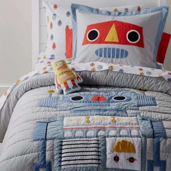 Crate & Barrel Kids Robot Flat Fitted Twin Sheet Set Organic Cotton - Picture 1 of 10